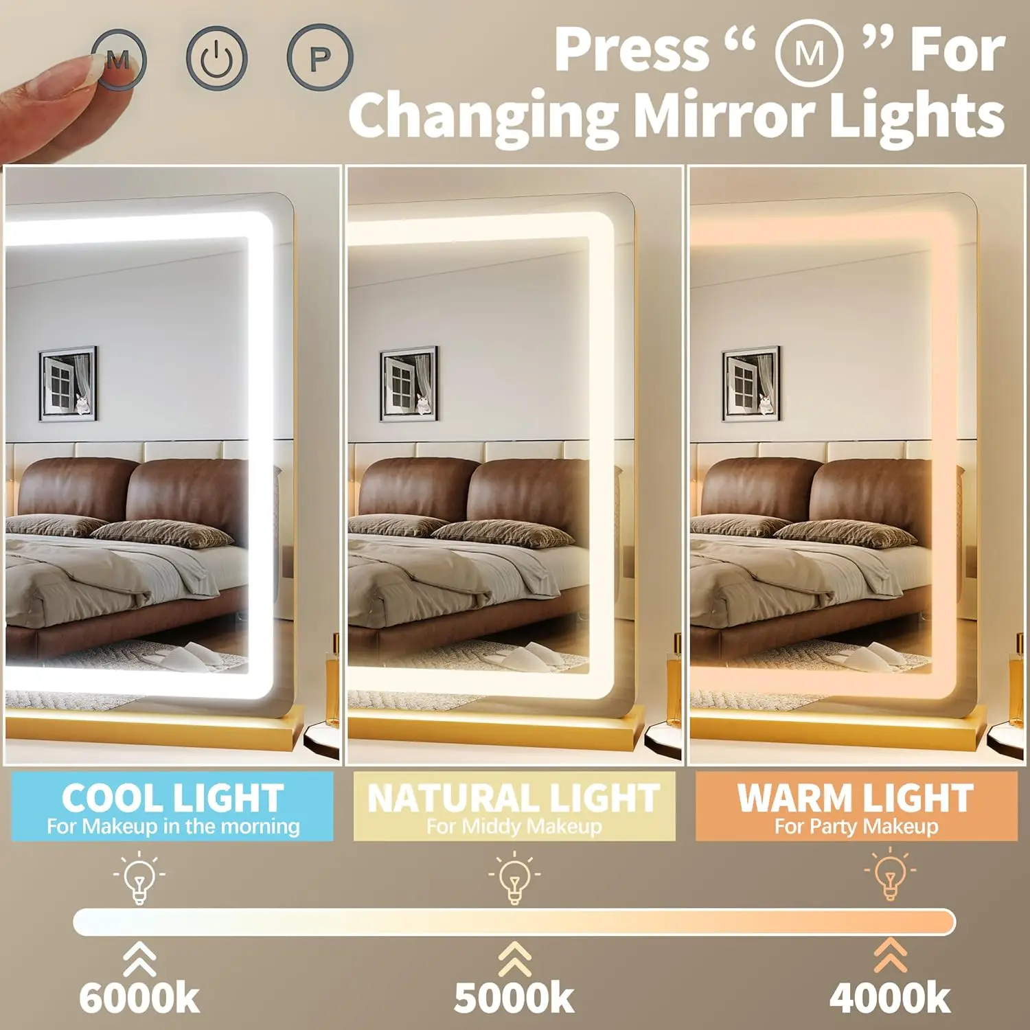 23x18 Hollywood Vanity Mirror with LED Lights, 3 Color Modes & Adjustable Brightness in Gold - Image 2