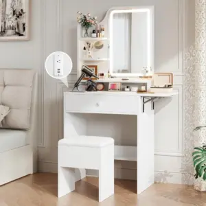 Vanity Desk with Mirror and Lights, Makeup Vanity with Charging Station,Compact Dressing Table Set with Storage Chair,Customized