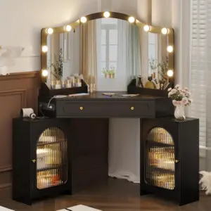Corner Vanity Desk with 3 Way Mirror and Bulb Lights, Big Modern Makeup Vanity with Large Drawer & Outlet, Bedroom, Customized